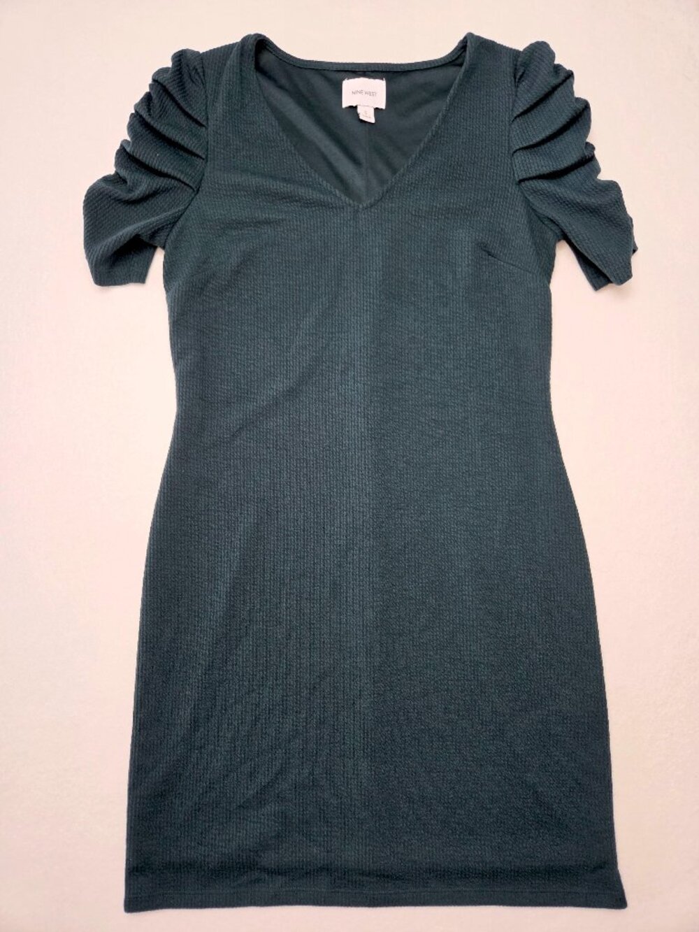Nine West Ruched Puff Sleeve V Neck Sheath Dress Dark Green Size Women's Small